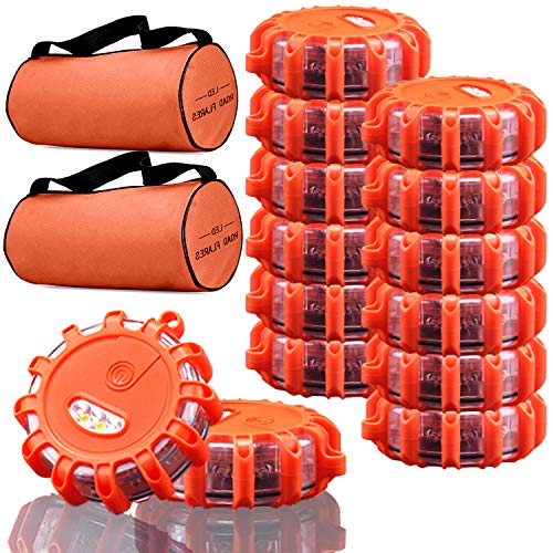 Tobfit 12 Pack LED Road Flares Emergency Lights Roadside Safety Beacon Disc Flashing Warning Flare Kit with Magnetic Base & Hook for Car Truck Boats | 9 Flash Modes (Batteries Not Included) (12)