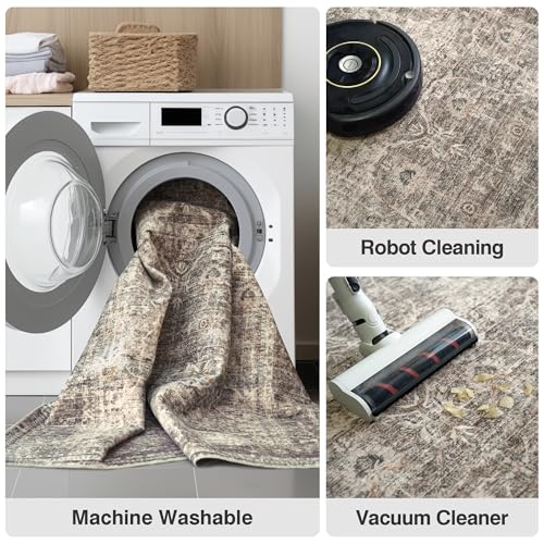 Fmfunctex 8x10 Washable Area Rug Taupe Vintage Neutral Distressed Large Non Slip Carpet for Living Room Bedroom Soft Low Pile Indoor Retro Tapis Salon Throw Rug for Dining Room Kitchen Office Nursery