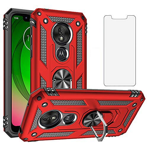 Phone Case for Motorola Moto G7 Play with Tempered Glass Screen Protector Cover and Magnetic Stand Ring Holder Rugged Hard Shockproof Heavy Duty Accessories MotoG7Play 7G G 7 MotoG7 G7Play Girls Red
