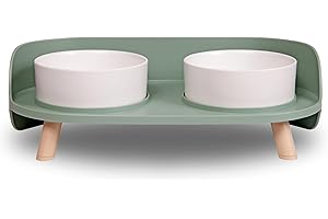 A4DOG Ceramic Dog Bowls with Stand - Elevated Dog Water and Food Bowl Set 13.5oz Cat & Dog Feeding Station Spill Proof Splash Proof Raised Pet Food Bowls for Dogs, Green/White No Mess Pet Feeder