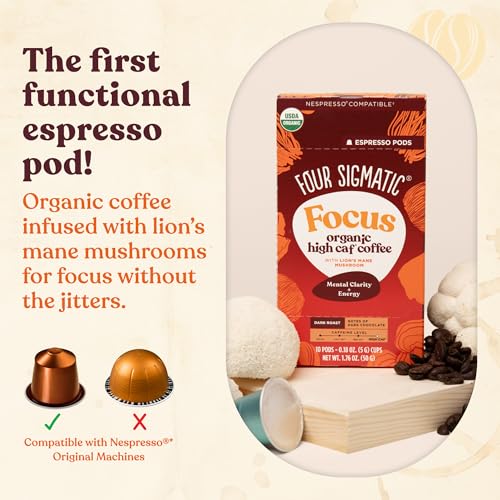 FOUR SIGMATIC FOCUS HIGH CAFFEINE COFFEE PODS COMPATIBLE WITH NESPRESSO ORIGINAL | ORGANIC DARK ROAST ESPRESSO WITH ADDED FOCUS | MUSHROOM COFFEE ENHANCED WITH LION’S MANE | HIGH CAFFEINE 10CT