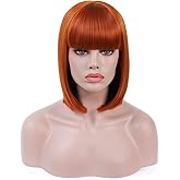 Rosastar Short Bob Brown Orange Wig with Bangs Women's Glueless Straight Synthetic Hair Wigs for Halloween Costume Cosplay Party Comic-con