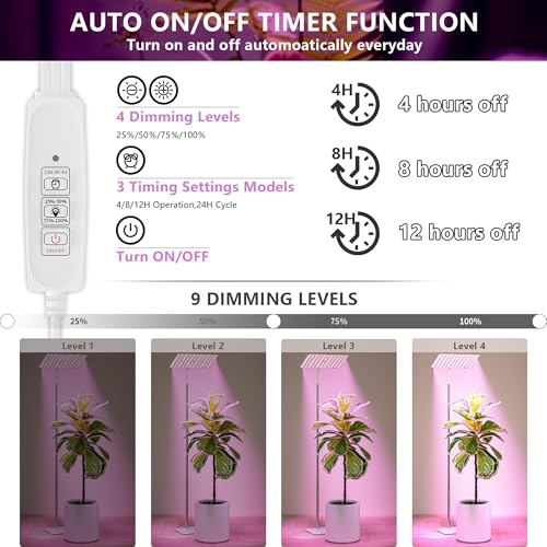 Full Spectrum LED Grow Lights for Indoor Plants, 120 LEDs, 18W, 4 Dimmable Levels, Timer (4/8/12H), Adjustable Height, Perfect for Small Desk Plants, Energy-Efficient & Durable Base, Ideal for Home
