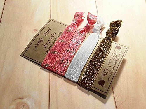 Hair Ties Glitter Hair Bands / Coral & Gold Flamingos and Anchors Elastic Hair Band Set / No Crease Hair Tie/Hair Band Bracelet 4 Set