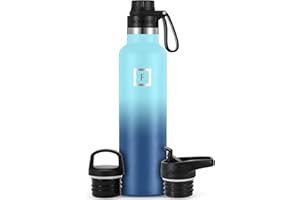 IRON °FLASK Camping & Hiking Hydration Canteens - 3 Lids (Narrow Spout Lid) Leak Proof Vacuum Insulated Stainless Steel - Hot & Cold Double Walled Sports Water Bottle - Blue Waves, 24 Oz