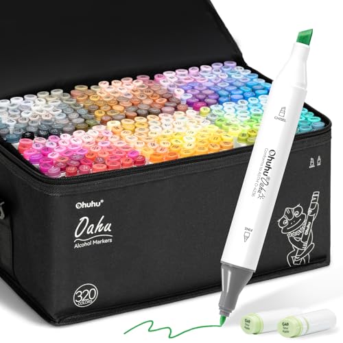 Ohuhu Marcadores Alcohol 320 Colores - Punta Doble Cincel y Fina para Artistas Adultos Colorear Dibujar Ilustración - Tinta Alcohol Recargable