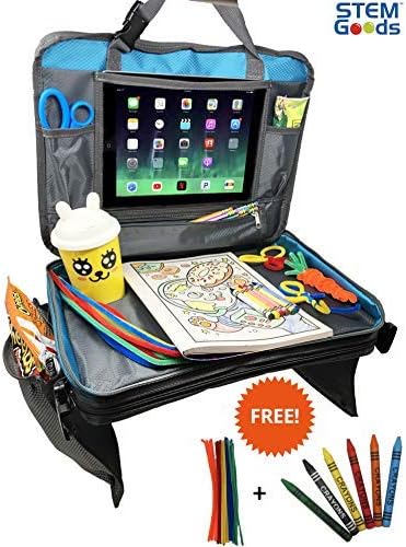 Kids Travel Tray with Tablet Holder, Storage Organizer, Portable Carrying Bag. Crayon & Pipe Cleaner Included! (Blue)