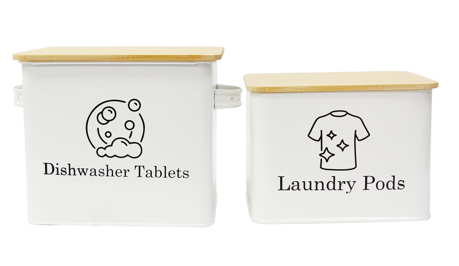 Xbopetda Set of Laundry Powder Bin & Dishwasher Pod Holder, Laundry Detergent Powder Storage Box with Scoop Wooden Lid & Handles, Metal Dishwasher Tablets Bin for Home Organization and Storage - White