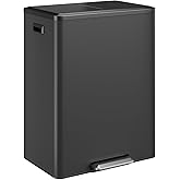 16 Gallon Kitchen Double Trash Can with Lid, 60 L Stainless Steel Large Dual Trash and Recycle Bin Combo, Step-on Double Compartment Garbage Bin with Removable Inner Buckets for Home and Office, Black