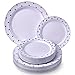 Elegant Silver and White Plastic Plate Set for Party, Includes 20 Dinner Plates (10.25”) & 20 Side Plates (7.5”), Heavy Duty Disposable Dinner Set for Holidays, Christmas, Events & Weddings - Dots