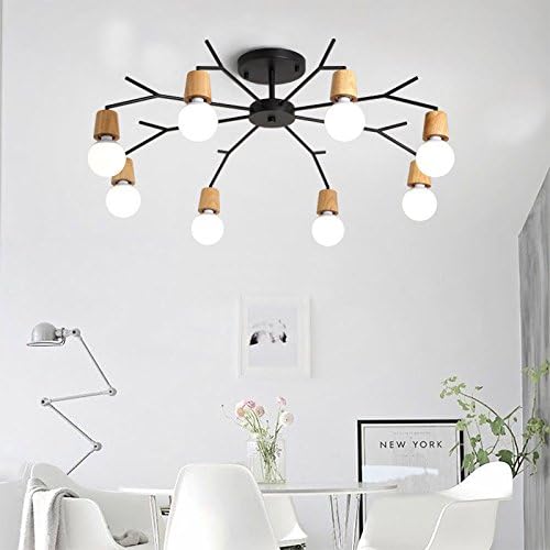 SUSUO Lighting 8-Light Black Metal Steel &amp; Wood Wooden Chandelier Art Semi Flush Mount Ceiling Light,Modern Rustic Decor