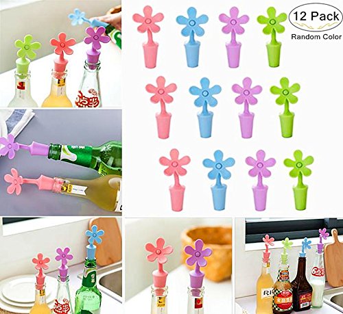 Click Here to See More Images 12 Pieces Flower Wine Bottle Stoppers, Carnatory Reusable Silicone Caps Beer Sealer CoverWine Bottle Cork for Wine Beer Champange Alcohol Vodka Soy Sauce Vinegar