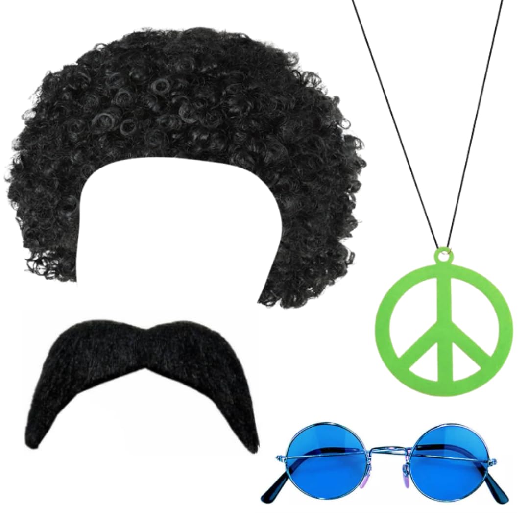 GrassVillage Hippie Costume 4pc Set | Includes Funky Afro Wig,Sunglasses, Moustache and Peace Sign Necklace | Ideal for 50s, 60s, 70s Themed Parties, Festivals, and Halloween