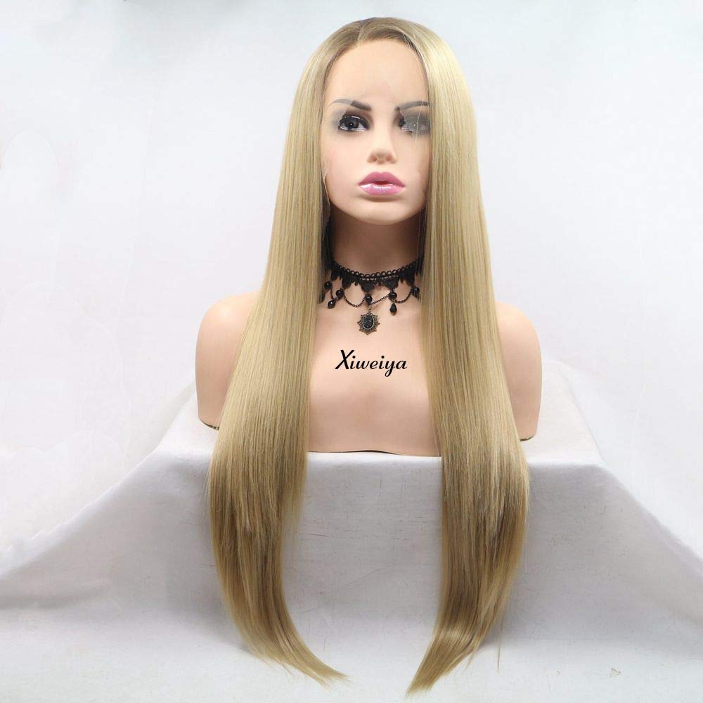 Xiweiya Long Blonde Wig Hair long Synthetic lace Front Wigs Side Part with Heat Resistant Fiber Hair Replacement Wig with brown root Long Blonde straight Hair for Women, Drag Queen 24 inch