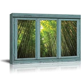 Vintage Teal Window Looking Out Into a Green Bamboo Forest