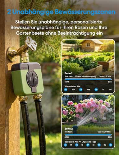 Meross Irrigation Computer WLAN 2 Outputs MST200, Automatic Watering & Remote Control, Rain Delay & Water Consumption Monitor, Compatible with Apple Home, Alexa & Google Home, Green, 2.4GHz