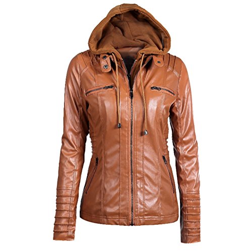 LOVEBEAUTY Women's Faux Leather Moto Everyday Bomber Jacket with Hoodie Brown S LOVEBEAUTY Women's Faux Leather Moto Everyday Bomber Jacket with Hoodie Brown S