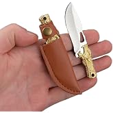 SZHOWORLD Small Fixed Blade Knife with Brass Dragon Head Handle, Style 2 | 2 inch 5Cr Steel Blade, Mini Knife with Leather Sheath, EDC Gift Collection