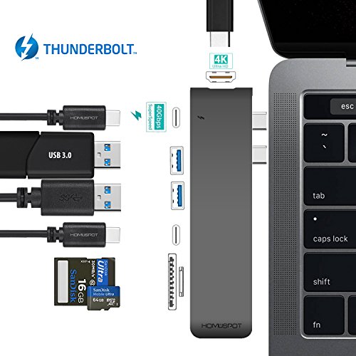 USB C Hub Macbook Pro HDMI Thunderbolt 3 Dock, HomeSpot Aluminum USB Hub for 2016/2017 MacBook Pro 13" & 15" 4K HDMI, USB 3.1, Thunderbolt 3 50Gbs, USB-C Data, SD Micro Card Readers