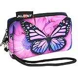 AUPET Purple Butterfly Design Digital Camera Case Bag Pouch Coin Purse with Strap for Sony Samsung Nikon Canon Kodak