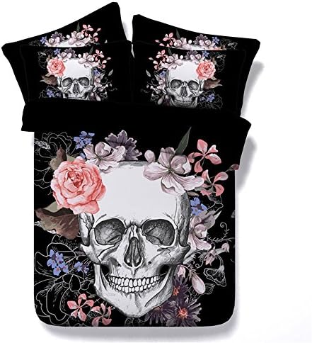 LUOHOME Luxury Floral and Skull Duvet Cover Sets Full Size, Skull Pint 3d Bedding Sets Full Size,Polyester fiber Full Duvet Cover with Sheets,1 Duvet Cover,2 Pillowcases,Black Queen/King (220x240cm)