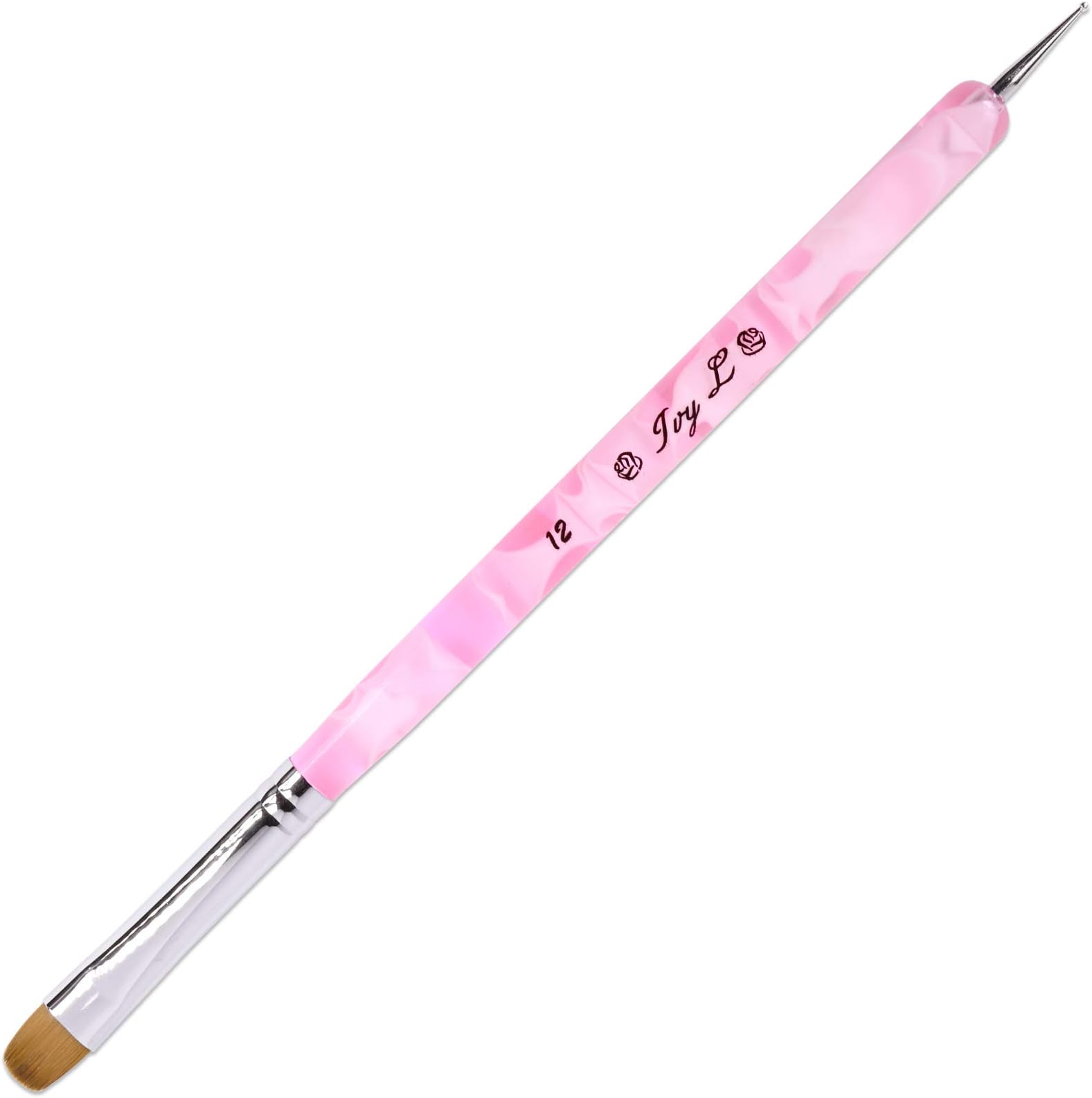 Ivy L Premium 2 Way French Gel Acrylic Nail Art Kolinsky Brush with Dotting Tool for Professional Manicure Cuticle Clean up Nail Art Design (Size # 12, Pink Marble)