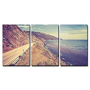 3 Piece Canvas Wall Art - Vintage Retro Toned Scenic Pacific Coast Highway, California, USA. - Modern Home Art Stretched and Framed Ready to Hang - 16"x24"x3 Panels
