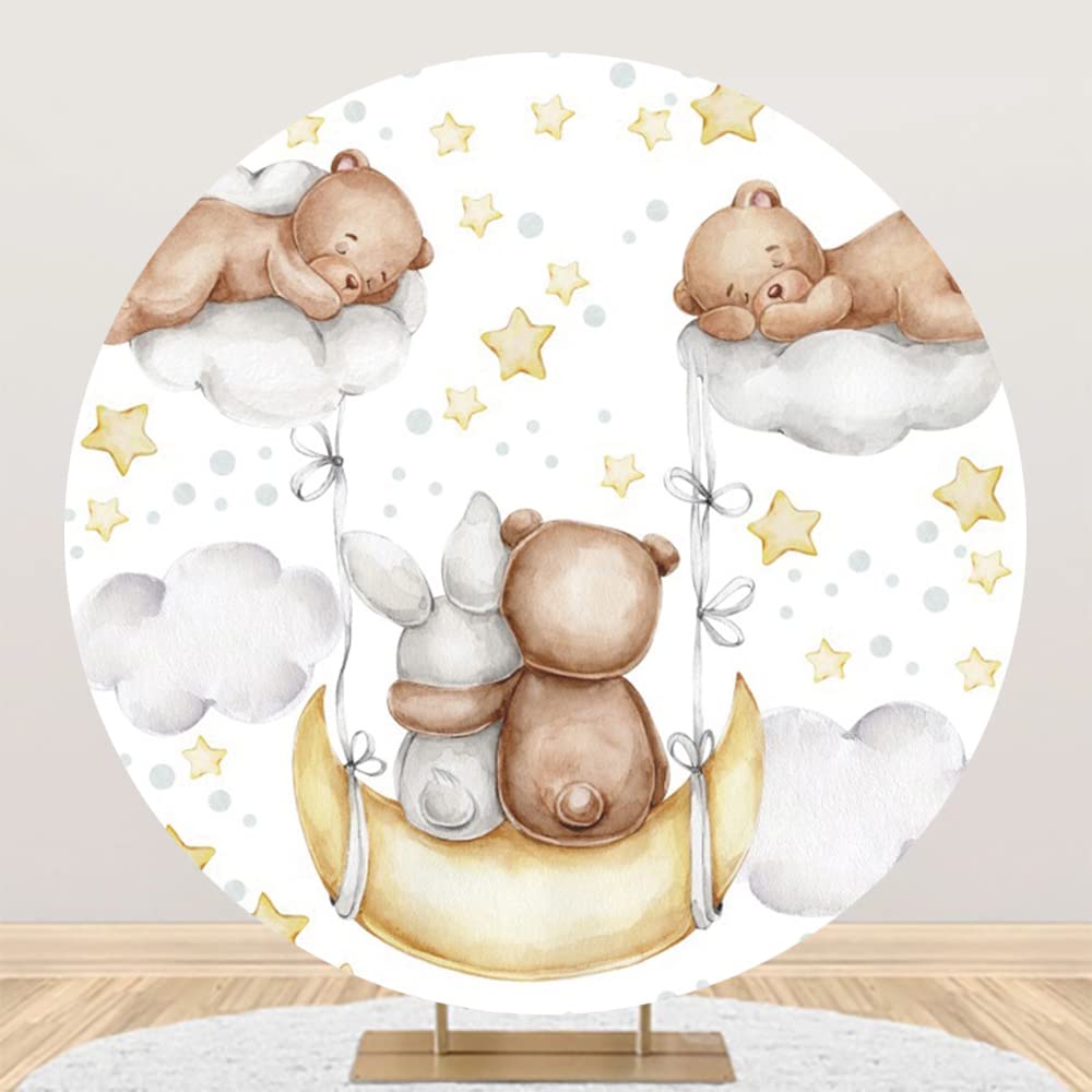 YongFoto 220cm Diameter Round Backdrop for Photography Cartoon Bear Rabbit Moon Background for Baby Shower Party Decor Children Baby Studio Portrait Photoshoot Round Props