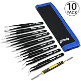 RYMALL 10 pcs Precision ESD Anti-Static Stainless Steel Tweezers Set Kit for Electronics, Jewelry-Making, Laboratory Work, Hobbies in 10 Sizes