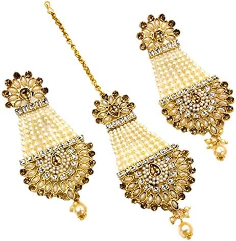 HARITA White Gold Plated Maang Tikka Long Earrings Jewellery Set for Women