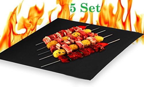 (Set of 5) Heavy Duty Non Stick BBQ Grills Baking Cooking Mats (16" X 13") Fiberglass Reusable Grilling Mats Work on Gas Charcoal Ovens Electric Grill Durable Heat Resistant Easy Clean Dishwasher Safe