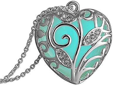 Heart Glowing Blue Rhinestone Silver Necklace