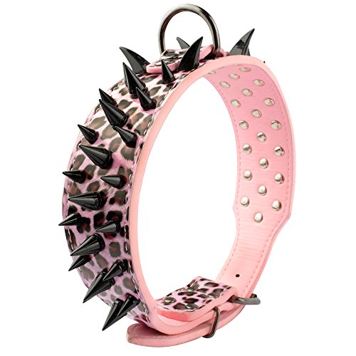 Beirui Sharp Spiked Studded Dog Collar - Stylish Leather Dog Collars - 2 Inch in Width Fit for Medium & Large Dogs - Such as Pitbull Mastiff - Black Rivets & Pink Leopard Leather,19-22"?