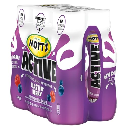 MOTT’S ACTIVE BLASTIN’ BERRY HYDRATING JUICE BEVERAGE, 8 FL OZ BOTTLES, 24 COUNT (4 PACKS OF 6), MADE WITH NATURALLY SOURCED ELECTROLYTES & COCONUT WATER, GLUTEN & CAFFEINE-FREE, KOSHER