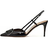 BlingQueen Women Heeled Slingback Sandals Closed Pointed Toe Stiletto High Heels Patent Leather Pumps Slip-On Backless Evening Prom Party Dress Shoes