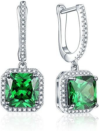 7.85Ct Green Emerald Leverback Dangle Earrings with Halo Cubic Zirconia