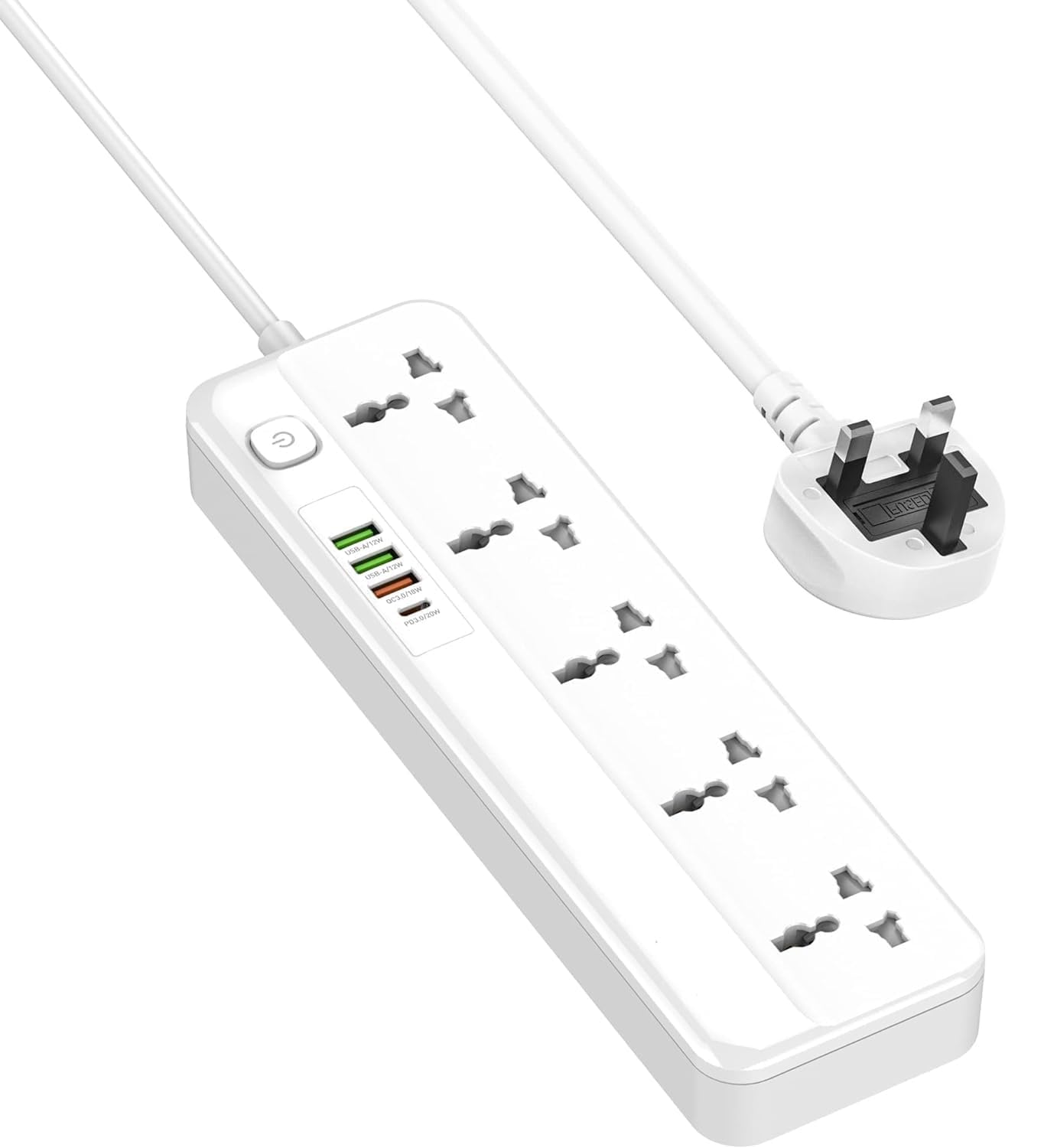 XINGHE Universal Extension Lead|Universal Power Strip with Usb Slots|2m Extension Cable|5 Universal Sockets | Surge Protector | 4 USB Ports (1xUSB-C PD 20W | 1xUSB-A QC 18W) |Child Safe Door