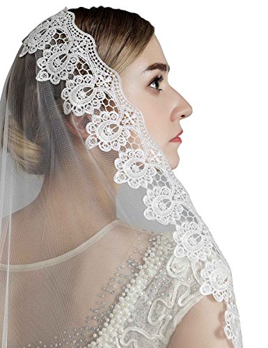 Anmor 1T Long Wedding Veils Tulle Lace Applique Bridal Veil Free Comb Ivory 11045 - Thumbnail 3