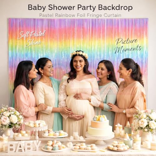 Propsicle Pastel Rainbow Metallic Foil Fringe Curtains 3x6 Ft Each, Pack of 2 - Shimmer Party Backdrop for Birthday, Baby Shower, Princess Unicorn Theme, Anniversary, Photo Booth, Wall Decoration