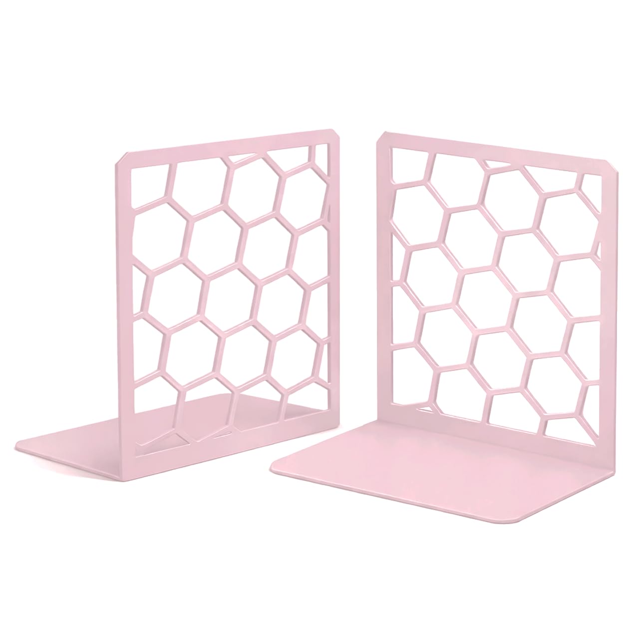 Premium Bookends Geometric Honeycomb Metal Book Ends (Pink, 1 Pair) Book End for Shelves