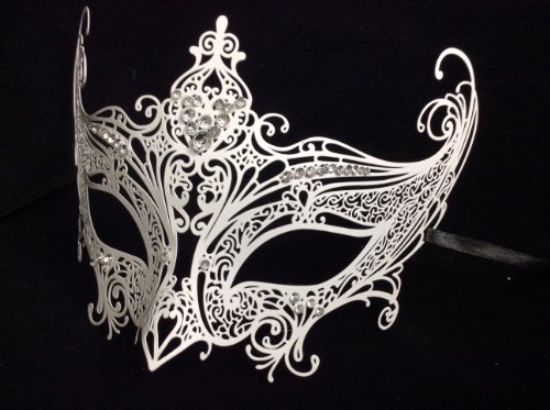 His (Silver) & Hers(white) Masquerade Couples Venetian Design Masks - 2 Piece Silver Colored Set - Perfect Couple Mardi Gras Queen Party Halloween Ball Prom