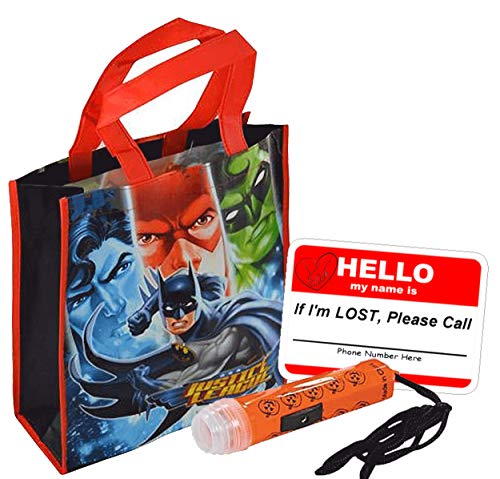 Justice League Reusable Medium Sized Halloween Trick Treat Loot Bag! Featuring Batman, Superman, Green Lantern & The Flash! Plus Bonus Safety First Sticker & Mini Halloween Flashlight Necklace!
