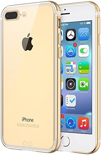 iPhone 8 Plus Case, Compatible with iPhone 7 Plus KEWEK Aluminum Metal Bumper Frame with Shock Absorbing Flexible TPU Inner Dual Layer (the Clear Back Panel Unremovable), Gold