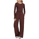 Arshiner Girls 2 Piece Set Fall Outfits Lounge Sets Ruched Long Sleeve Top Wide Leg Pants Sweatsuit Clothing Set