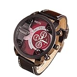 Creazy Fashion Luxury Mens Analog Sport Steel Case Quartz Leather Wrist Watch (Red)