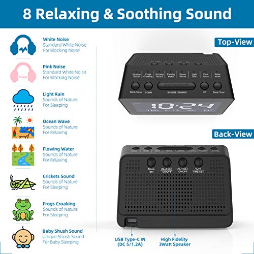 White Noise Sleep Sound Machine Alarm Clock for Home, Adults, Baby