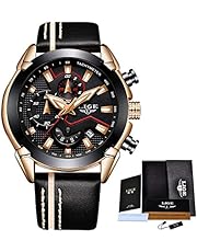 LIGE Herren Uhren Fashion Sport Chronograph Schwarz Gold Military Wasserdicht Analoge Quarzuhr mit Leder 9869A