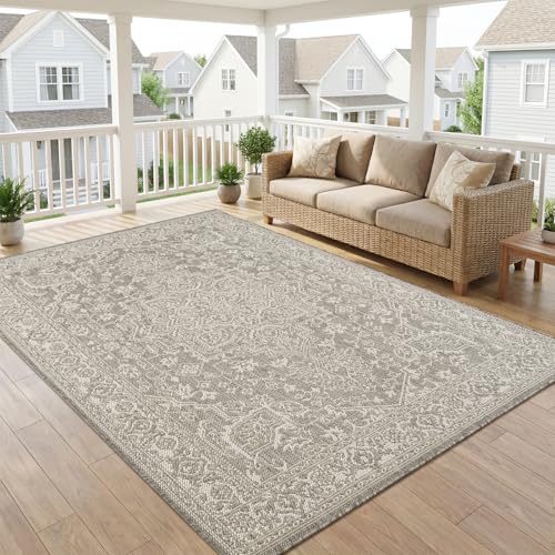 Outdoor Rug-Patio Rug Polypropylene Indoor Outdoor Carpet 7.9x10ft Porch Balcony Carpets Garden Deck Mat Easy Clean Non Slip Light Weight Vintage Outdoor Area Rug Retro Grey