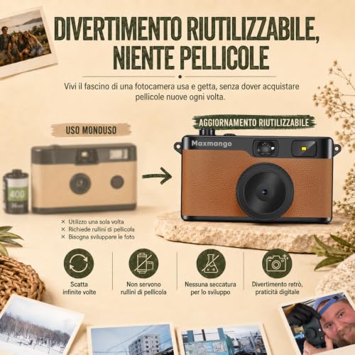 Maxmango D53 Compact Digital Camera Without Screen, Vintage Retro Camera 12 MP Capture Real Moments, Downloadable DIY Filters, USB-C, 8 GB SD Card Included, Up to 4000 Photos (Brown)
