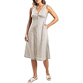 Amazhiyu Womens 100% Linen V Neck Sleeveless Button Down Midi Dress with Pockets